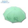 Soem-ODM-Stahlrahmen-große Größe 28 Zoll-kundenspezifischer Logo-3 Falten-Handsonnenschutz-Grün-Regenschirm mit silberner Beschichtung für Frauen